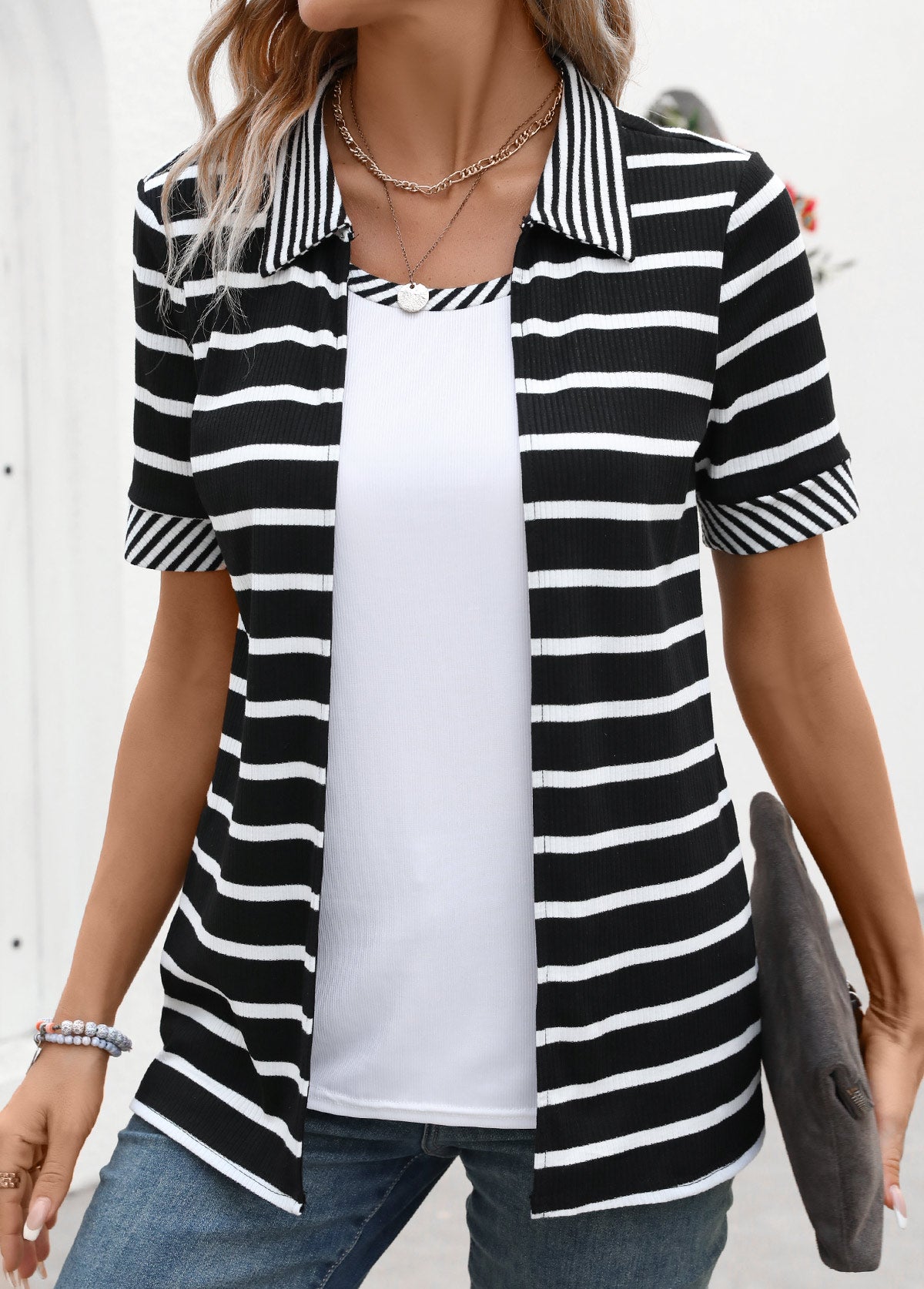 Black Fake 2in1 Striped Short Sleeve T Shirt