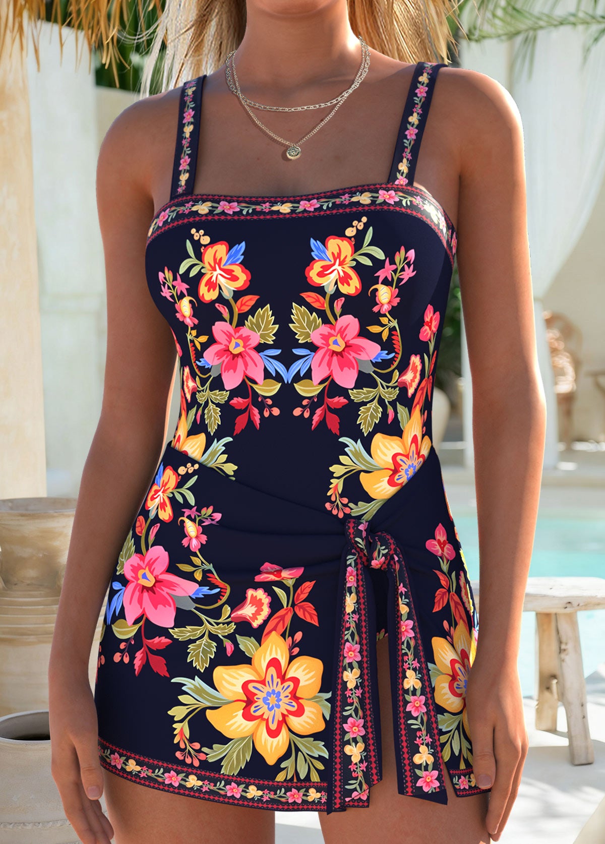 Navy Layered Floral Print One Piece Swimdress