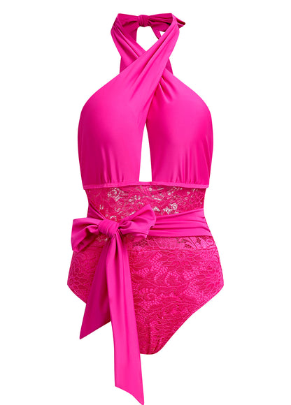Cross Halter Lace Stitching Rose Red One Piece Swimwear