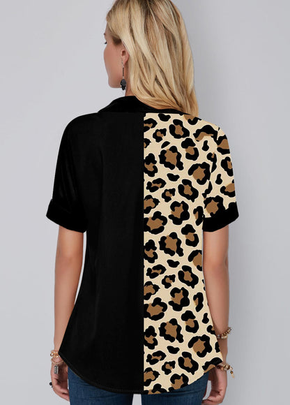 Leopard Print Button Up Chest Pocket Blouse