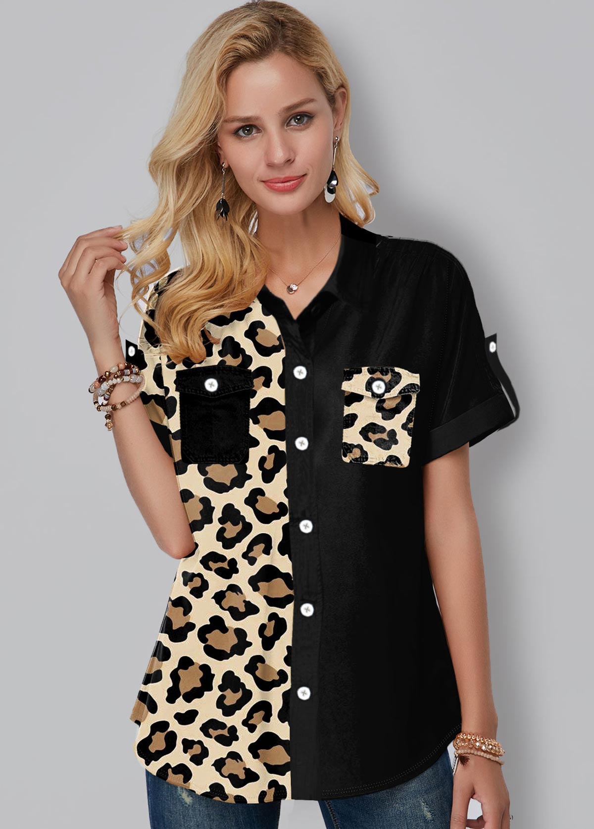 Leopard Print Button Up Chest Pocket Blouse
