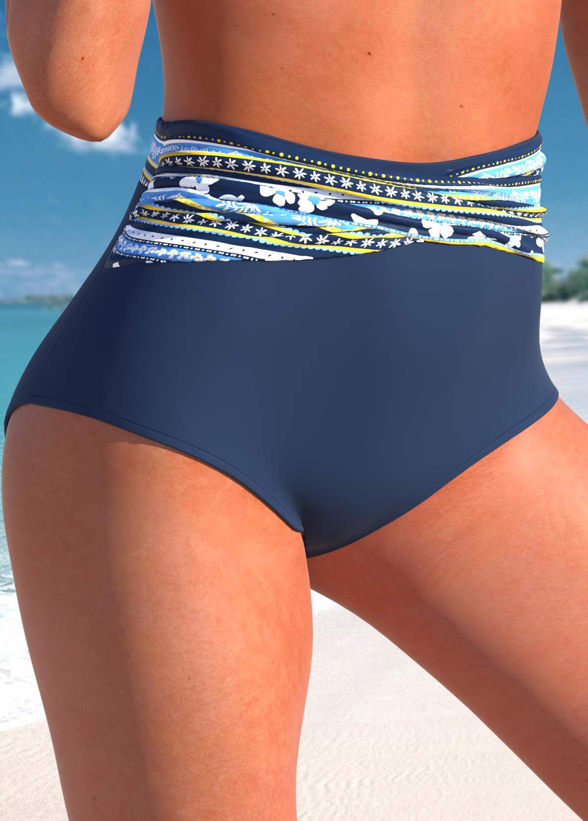 High Waisted Floral Print Navy Bikini Bottom