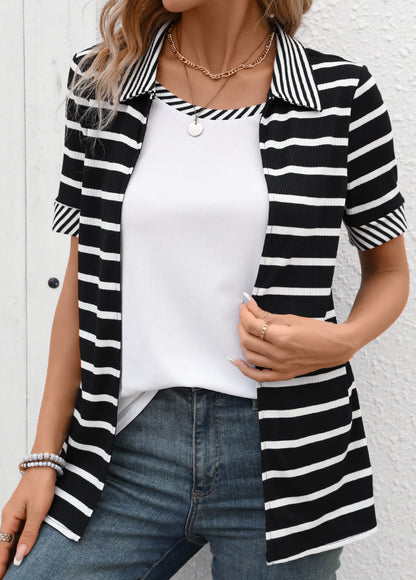 Black Fake 2in1 Striped Short Sleeve T Shirt
