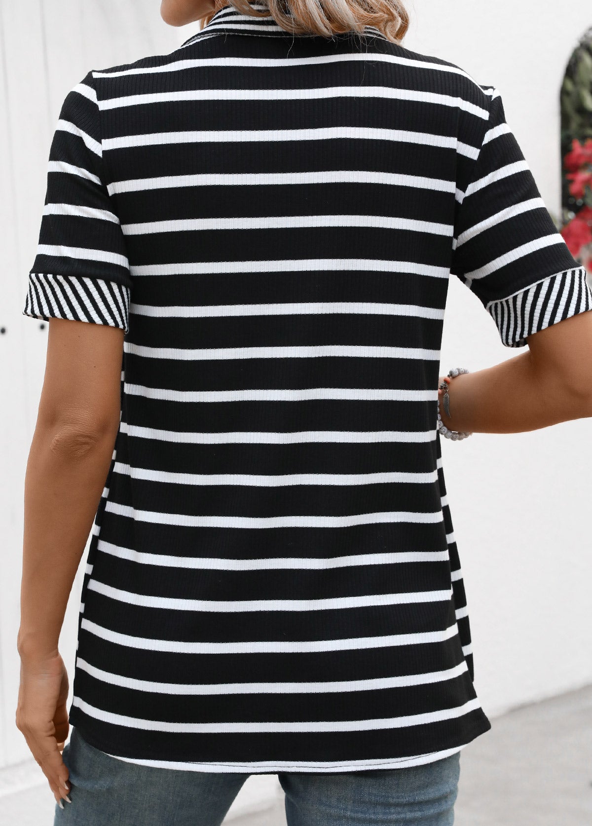 Black Fake 2in1 Striped Short Sleeve T Shirt