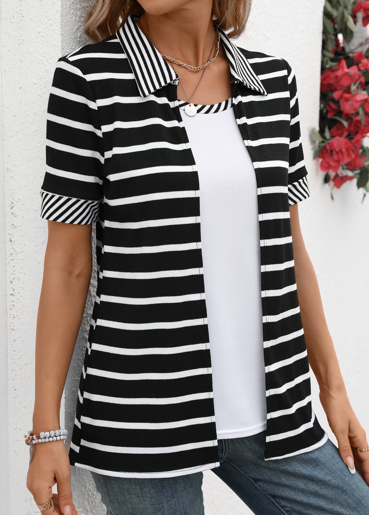 Black Fake 2in1 Striped Short Sleeve T Shirt