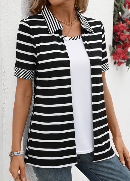 Black Fake 2in1 Striped Short Sleeve T Shirt