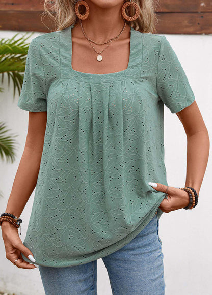 Sage Green Pleated Short Sleeve Square Neck T Shirt