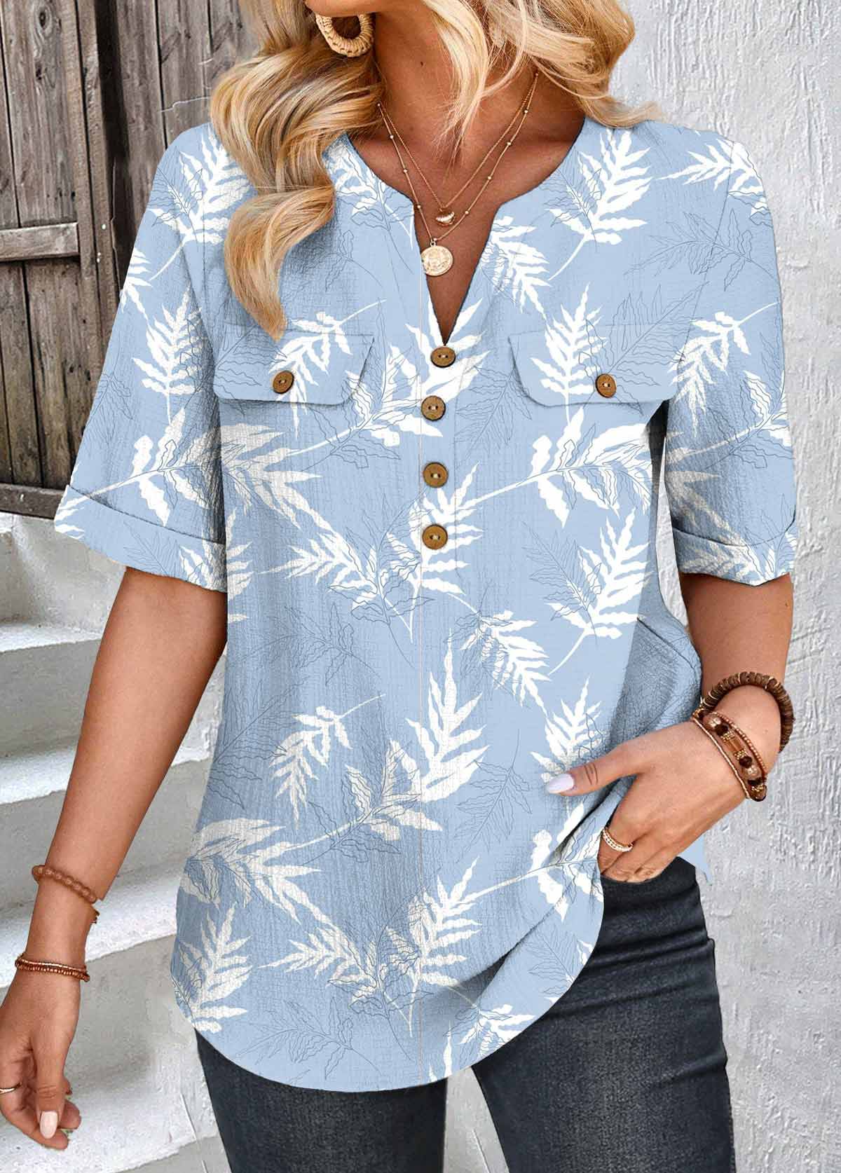 Blue Patchwork Leaf Print Short Sleeve Split Neck Blouse
