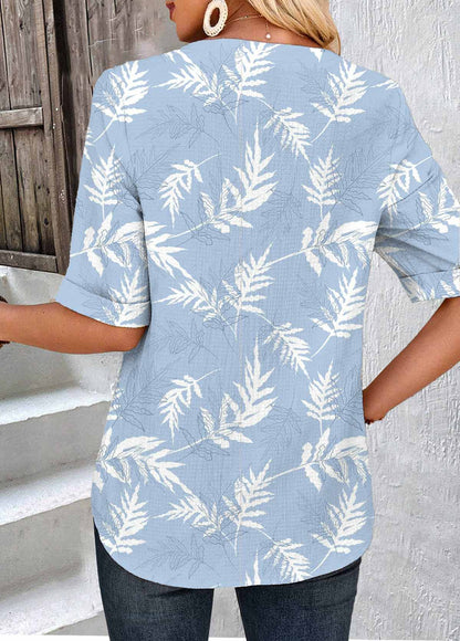 Blue Patchwork Leaf Print Short Sleeve Split Neck Blouse