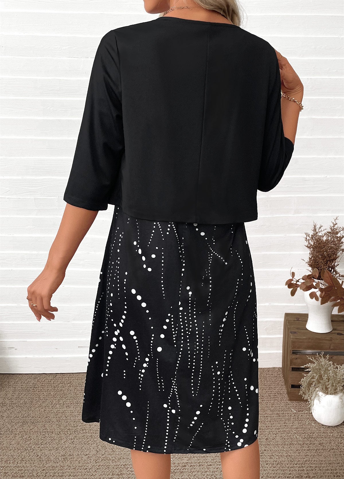 Black Tummy Coverage Polka Dot Dress and Cardigan