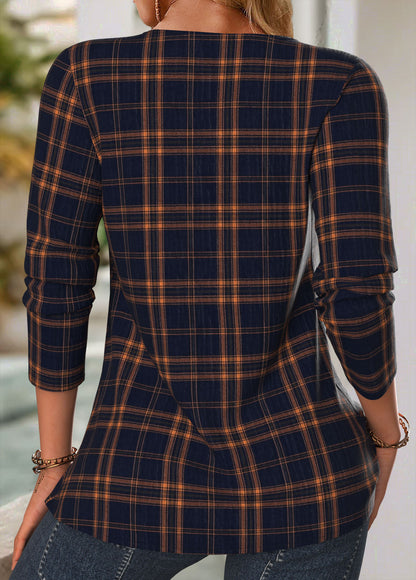 Tuck Stitch Geometric Print Long Sleeve Blouse