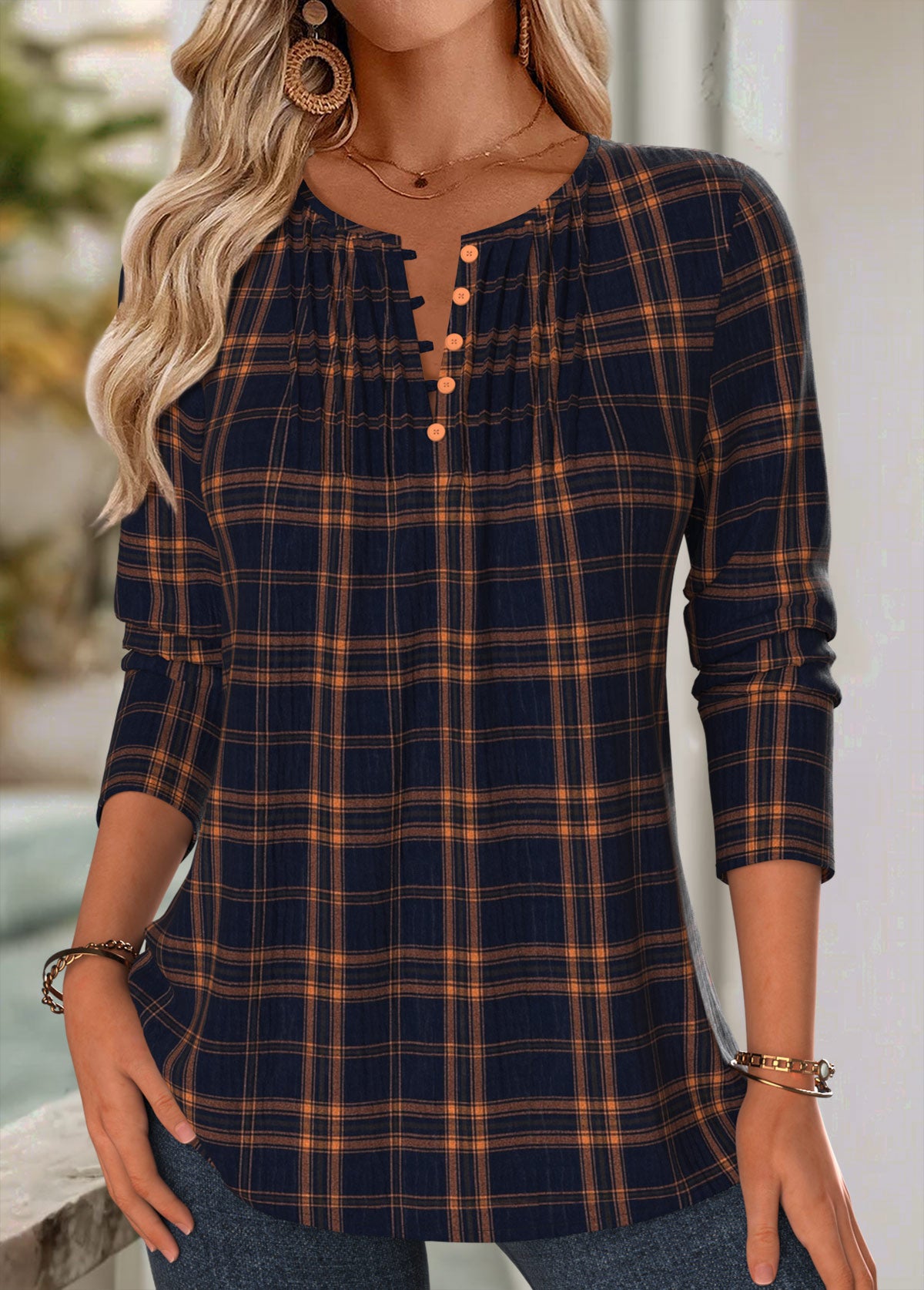 Tuck Stitch Geometric Print Long Sleeve Blouse