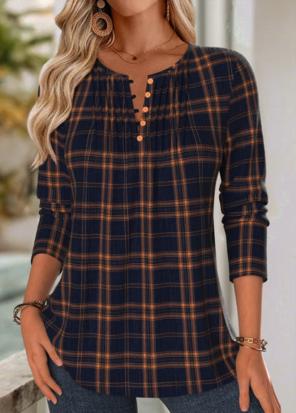 Tuck Stitch Geometric Print Long Sleeve Blouse