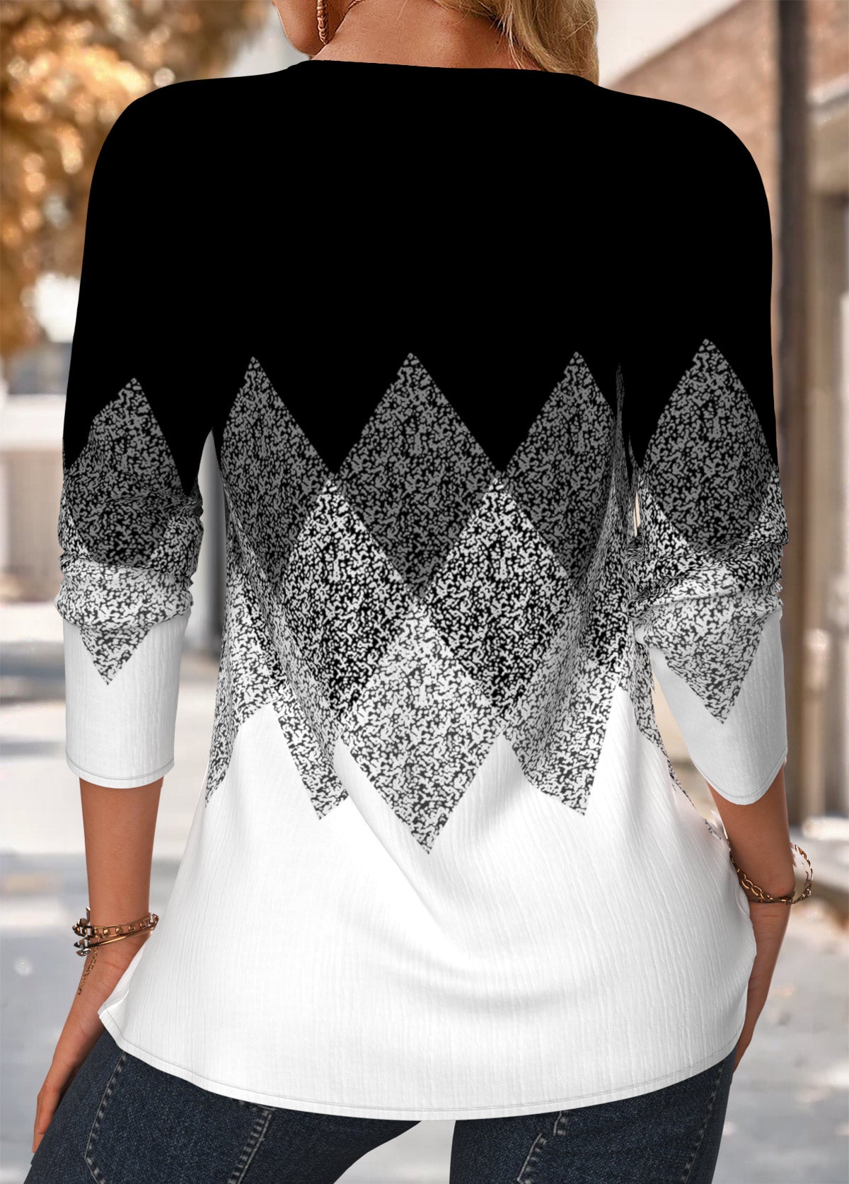 Tuck Stitch Geometric Print Long Sleeve Blouse