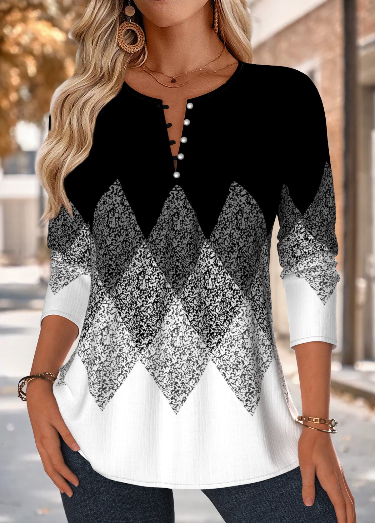 Tuck Stitch Geometric Print Long Sleeve Blouse