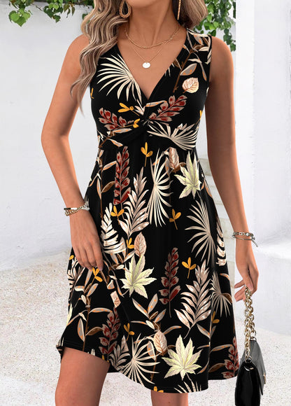 Tummy Coverage Leaf Print Short Sleeveless Dress