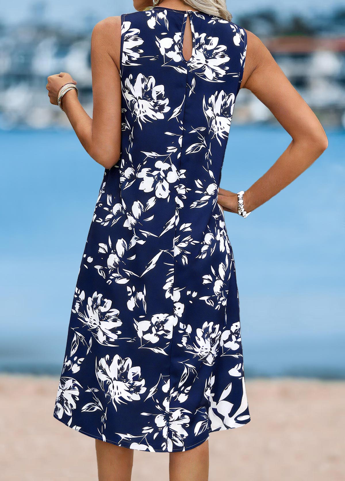 Navy Floral Print Sleeveless Round Neck Dress