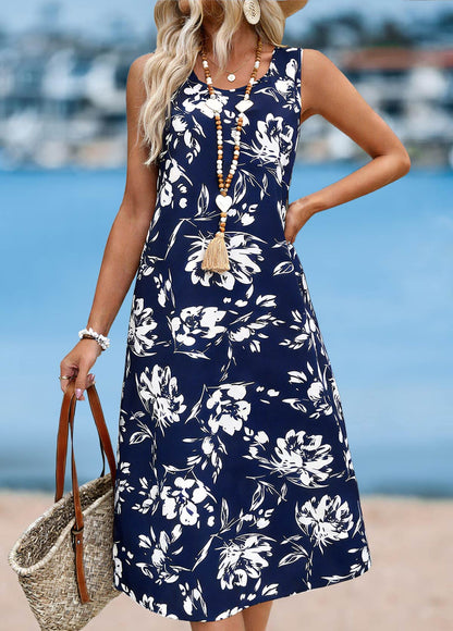 Navy Floral Print Sleeveless Round Neck Dress