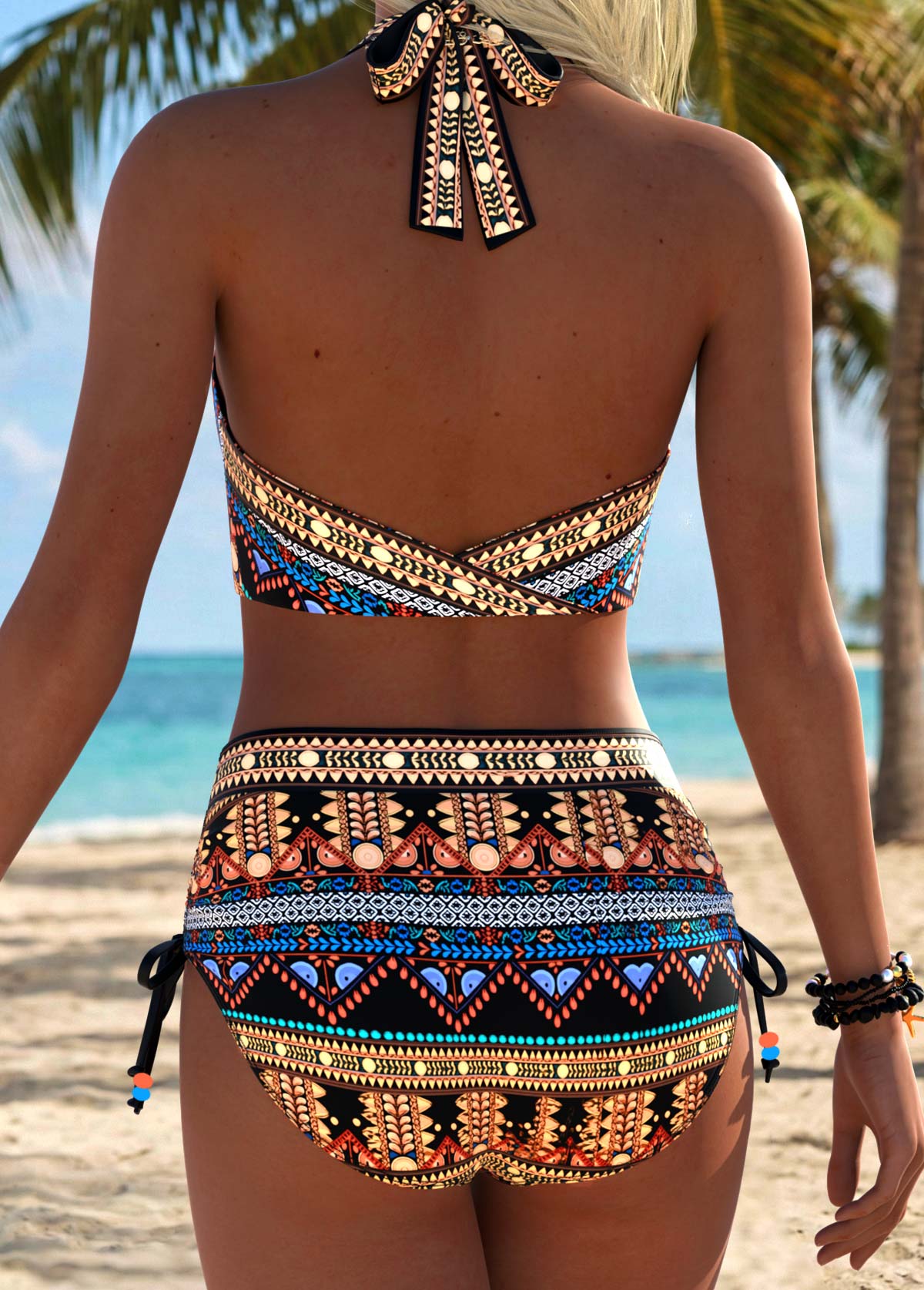 Mid Waisted Bowknot Tribal Print Bikini Set