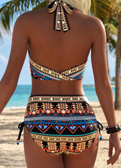 Mid Waisted Bowknot Tribal Print Bikini Set