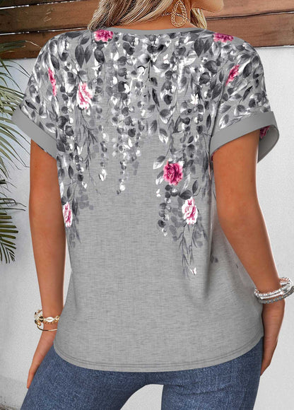 Floral Print Tummy Coverage Short Sleeve Blouse