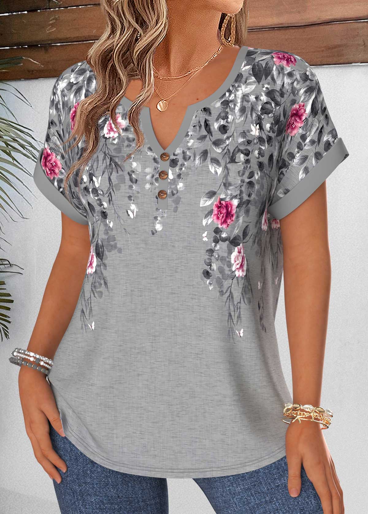 Floral Print Tummy Coverage Short Sleeve Blouse