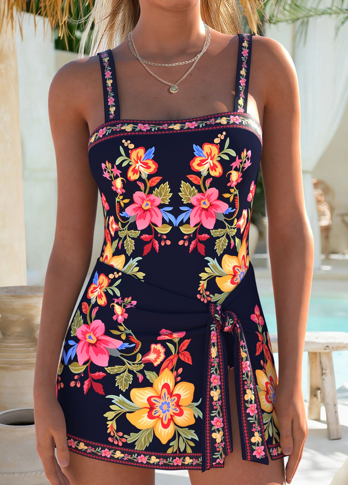 Navy Layered Floral Print One Piece Swimdress