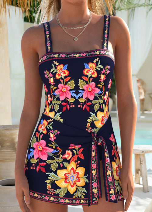 Navy Layered Floral Print One Piece Swimdress
