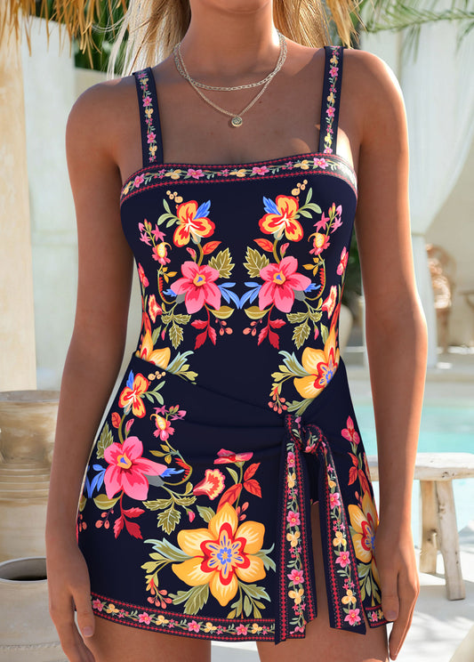 Navy Layered Floral Print One Piece Swimdress