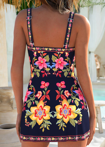 Navy Layered Floral Print One Piece Swimdress