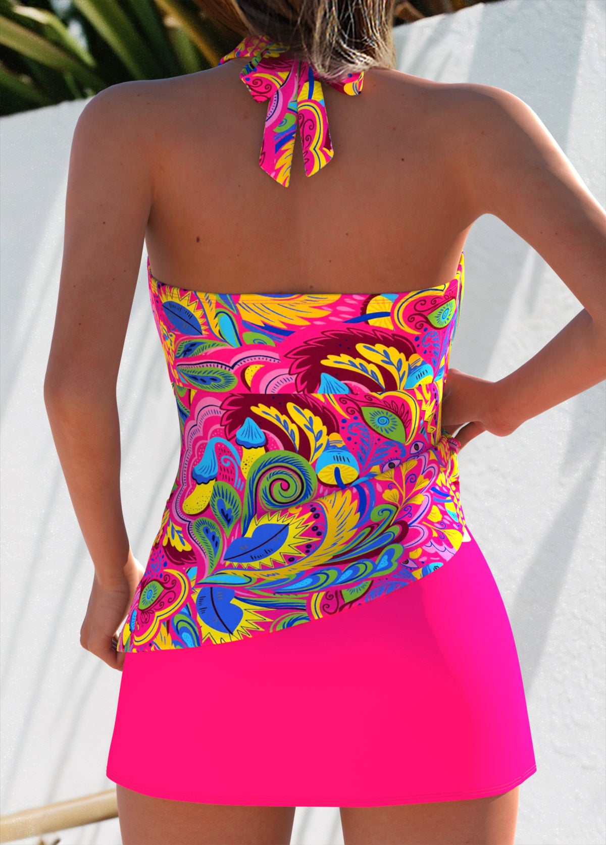 Hot Pink Mid Waisted Layered Graffiti Print Tankini Set