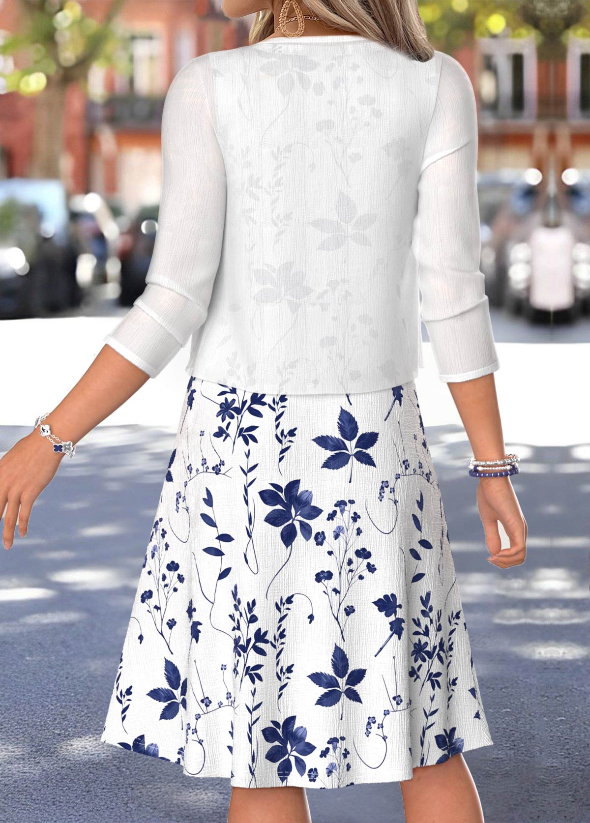 White Leaf Print Two-piece 3/4 Sleeve Dress and Cardigan